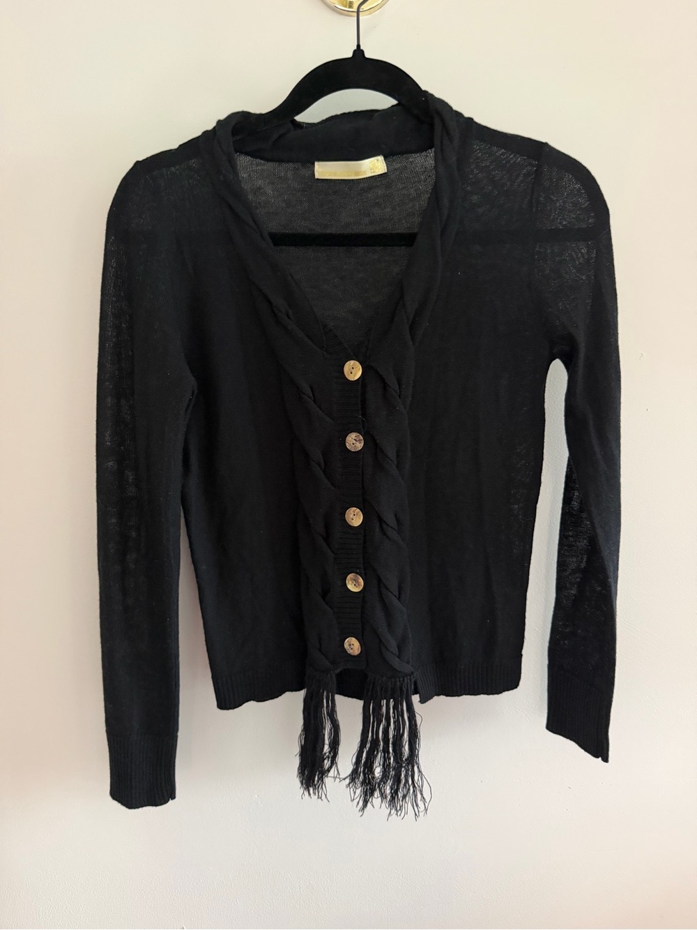 Miss & She Black Button-Front Fringe Cardigan